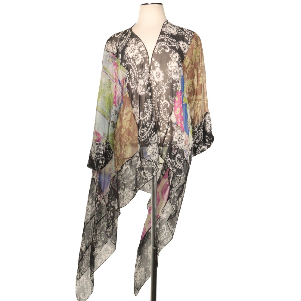Vintage Silk Kimono Blouse Sheer Patchwork Paisley Floral USA Made Women S/M